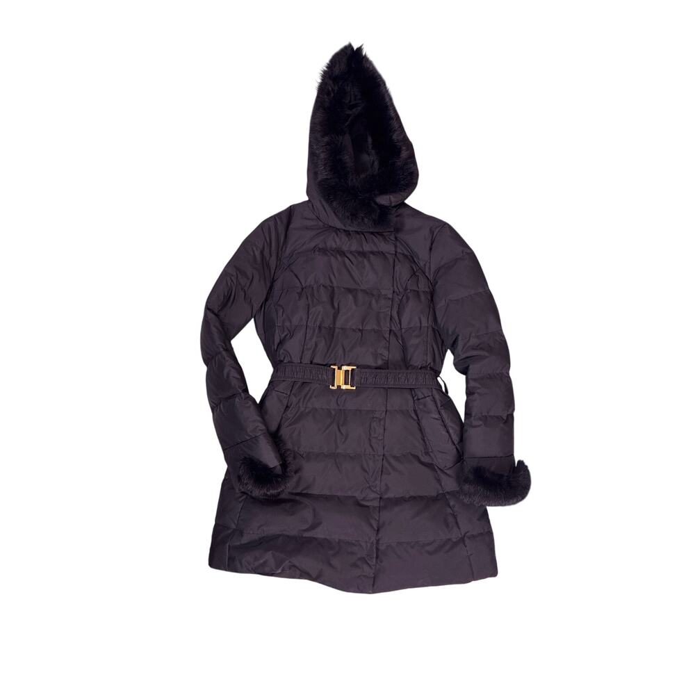T Tahari Down Puffer Coat Womens Large Black Belted Rabbit Fur Trim Hood Sleeves